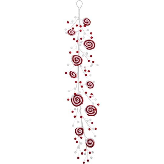 2.5ft. Red & White Striped Candy Cane Swirls and Pom Poms Christmas Garland